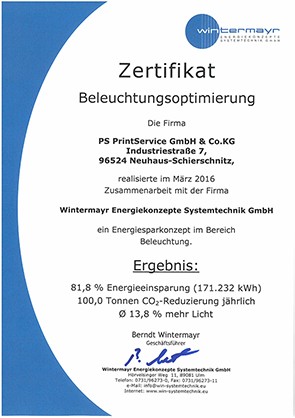 Beleuchtungsoptimierung bei PS PrintService Zertifikat PS PrintService